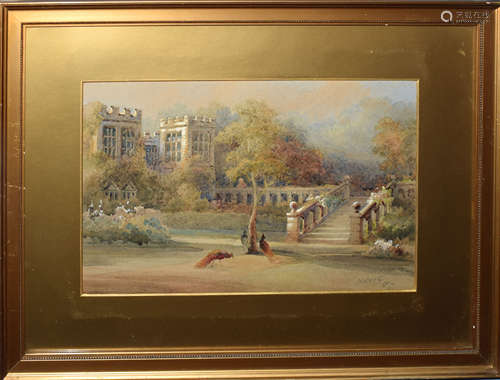 Frederick William Booty (1840-1924), Country House Gardens with Peacocks, watercolour, signed and