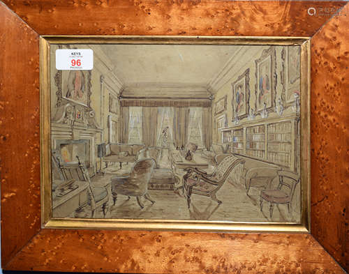 English School (19th Century), 'The Saloon, Markeaton Hall, Derby, March 1853', pen, ink and