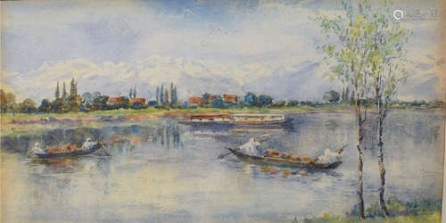 Indian School (19th/20th Century), River Scene with Figures in Boats, watercolour, 16 x 26cm