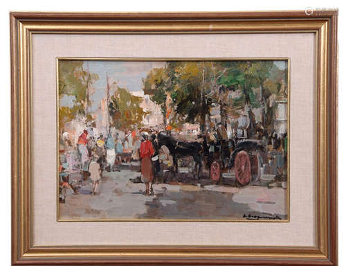 Italian School (20th century), Market place, oil on board, indistinctly signed lower right, 22 x