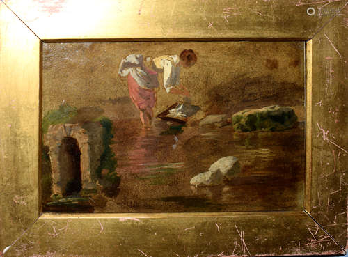 English School (19th Century), River Scene with Washerwoman, oil sketch on board, 15 x 22cm