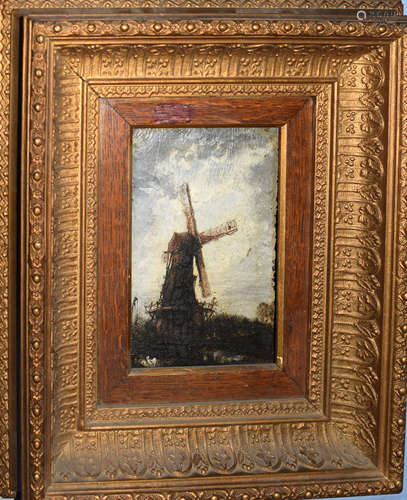 Continental School (19th Century), Landscape with Figure and Windmill, oil on panel, bearing