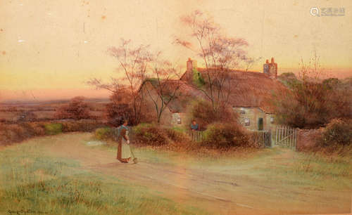 George Oyston (1861-1937), Figures by a Cottage in Country Landscape, watercolour, signed and dated