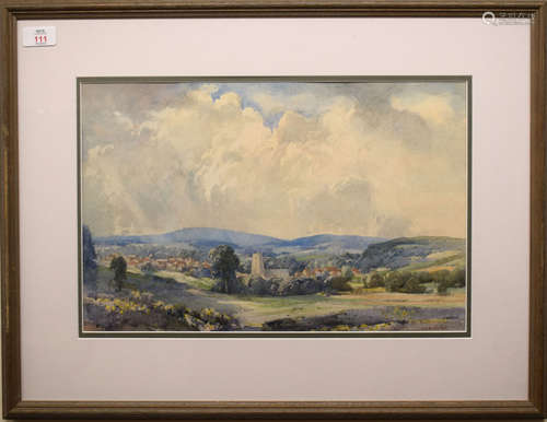 George Robert Rushton (1869-1947), Landscape with Church and Village, watercolour, signed lower