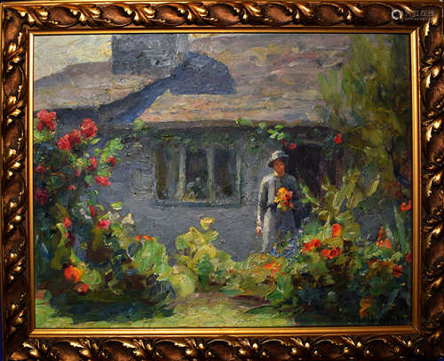 A Dixon (20th Century), Lady before a Cottage, oil on board, signed lower right, 22 x 29cm