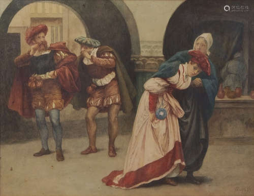 Alfred Walter Bayes (1832-1909), Theatrical scene with figures in period costume, watercolour,