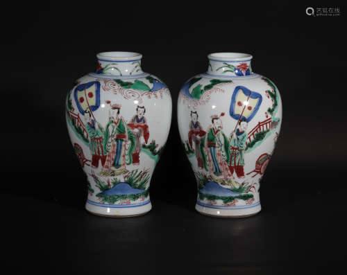 Pair Famille Verte Figures Vases Kangxi Period