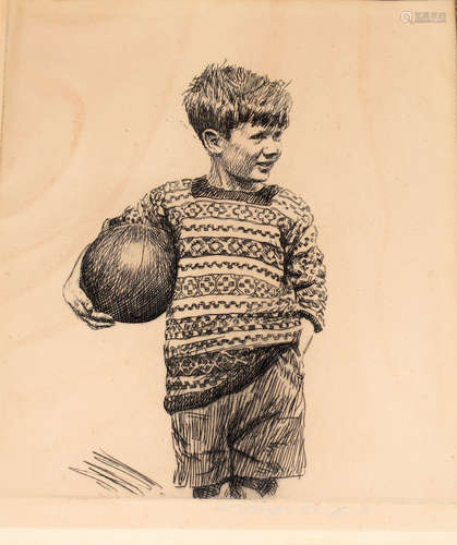 Joseph Simpson (1879-1939), Young Footbaler, black and white etching, signed in pencil to lower