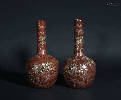Pair Aubergine and Gilt Vases Qianlong Period