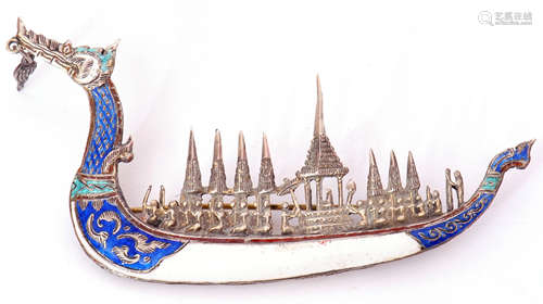 Vintage white metal and enamel Siam Royal Dragon brooch, 6cm long, stamped Siam Sterling