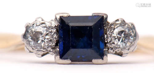 Art Deco sapphire and diamond ring, the square cut sapphire flanked by two small brilliant cut