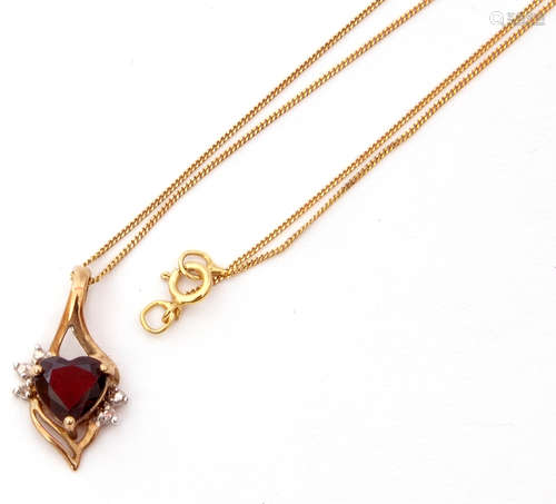 9ct stamped garnet and small diamond pendant suspended from a 9ct chain, gross weight 1.2gms