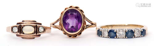 Mixed Lot: 9ct gold and amethyst dress ring, Birmingham 1971, a 9ct gold diamond and pale sapphire