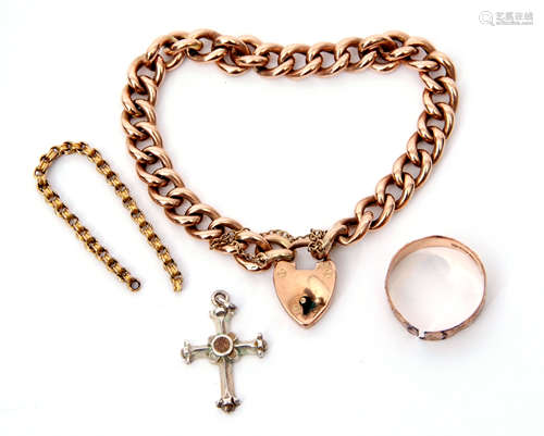 Mixed Lot: 9ct rose gold curb link bracelet with heart padlock, a 9ct gold chased ring (a/f)