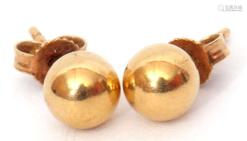 Pair of 750 stamped ball stud earrings, post fittings, 2gms