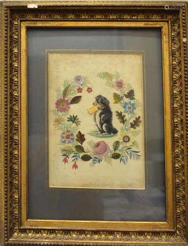 Victorian watercolour and collage depicting a dog holding a letter in its mouth which reads 