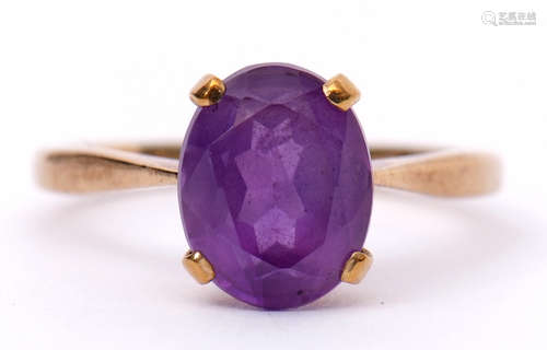 Amethyst dress ring, the oval faceted cut amethyst, 9 x 6mm, four claw set and raised between