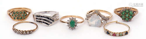 Mixed Lot: seven various 9ct gold dress rings, two highlighted with small diamonds, gross weight