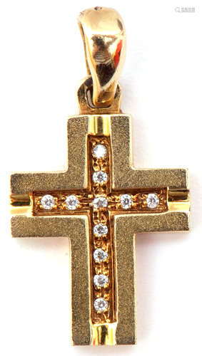 Mid-grade yellow metal cross, the engraved channel set with small pastes to a polished bale, 3 x 1.