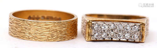 Mixed Lot: 18ct gold and diamond ring, a stylised textured design featuring a bridge of 12 small