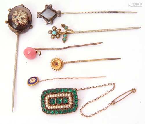 Mixed Lot: six various stick pins and paste set mourning brooch