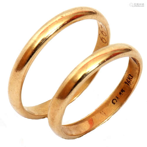 Mixed Lot: two 14Kt stamped wedding rings, plain polished design, the insides engraved 