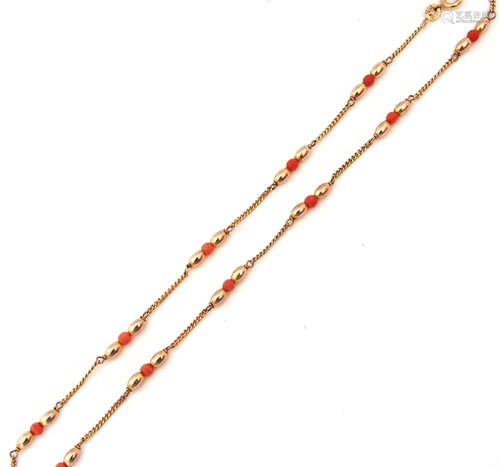 9ct gold and bead necklace, the file curb links joined with oval and circular beads 5.7gms gross