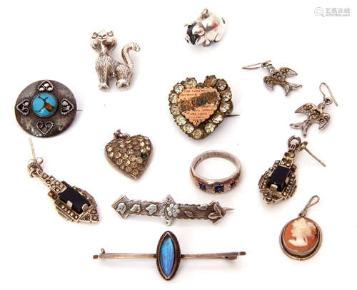 Mixed Lot: mainly white metal jewellery to include cat pendant, shield brooch, marcasite earrings