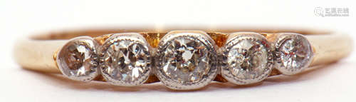 Five stone diamond ring, featuring 5 small graduated old cut diamonds, each individually bezel