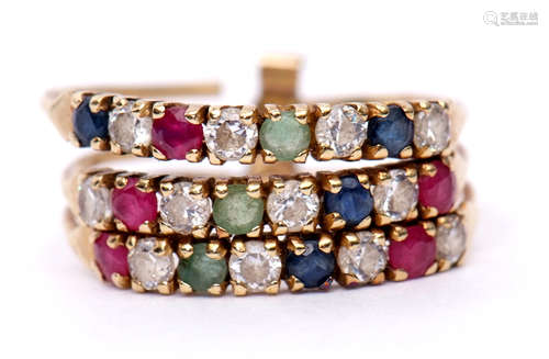 14K stamped stackable ring featuring three bands of small sapphires, rubies and paste stones, size