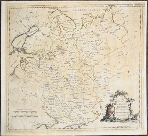 J Barber - hand coloured engraved map of Russia, 34 x 37cm laid down, unframed