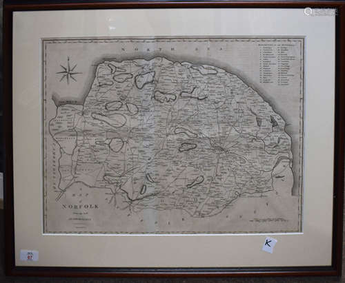 J Cary - engraved map of Norfolk, 40 x 51cm