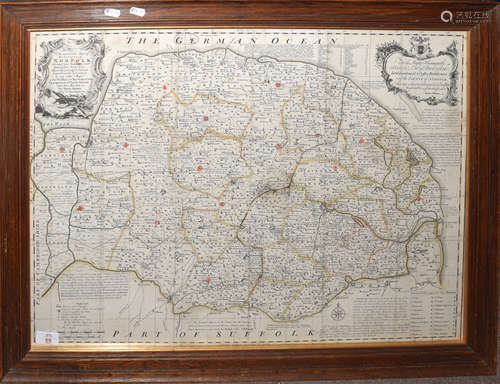 Emanuel Bowen - an accurate map of the County of Norfolk, hand coloured and engraved map, 53 x 72cm