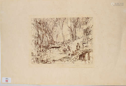 Sir Frank Short, RA (1857-1945), Hunt party in wooded landscape (after JMW Turner), sepia etching,