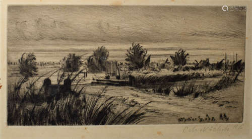 Catherine Maud Nichols, RE (1848-1923), A marshland scene, black and white etching, signed in pencil