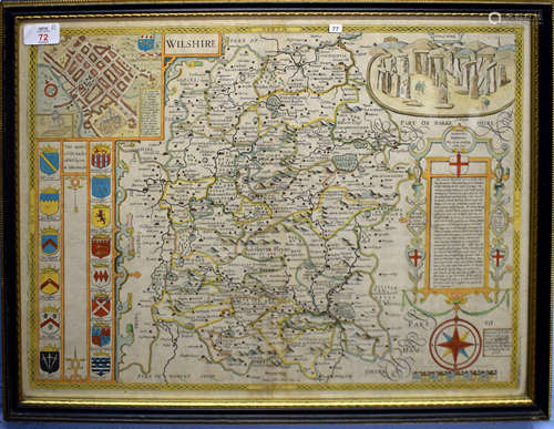 John Speed - Wiltshire, hand coloured engraved map, 40 x 53cm