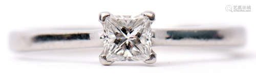 Single stone diamond ring, a princess cut diamond 0.34ct approx, prong set and raised between