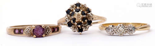 Mixed Lot: three stone small diamond ring stamped 9ct and Plat, together with two 9ct gold dress