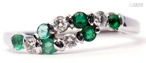 Modern precious metal diamond and emerald ring, alternate entwined design featuring 4 small