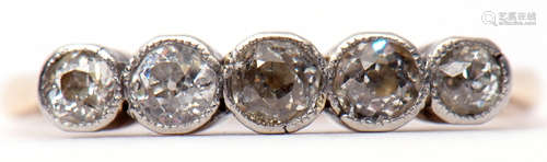 Five-stone diamond ring, each individually bezel set, stamped 18c, size O