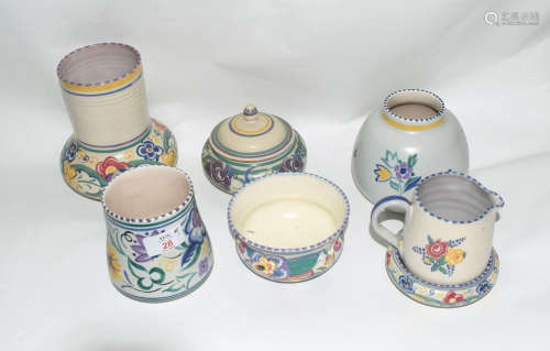 Group of mid-20th century Poole Pottery wares including a pot and cover, jar and cover, jug and