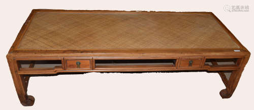 20th century Chinese coffee table with rush work top and two drawers, 170cm wide