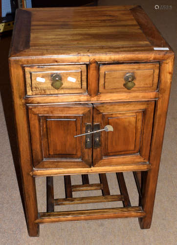 20th century Chinese style hardwood bedside table, two drawers over two doors, 50cm wide