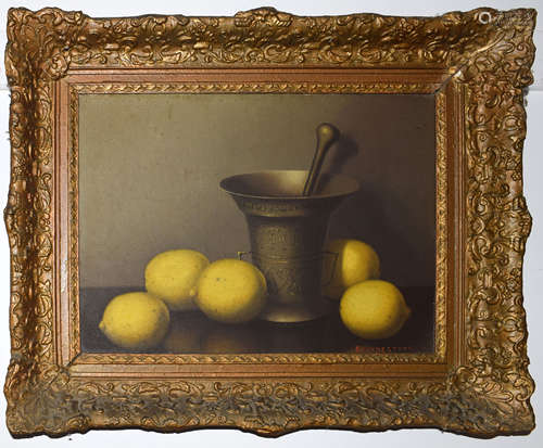 •AR Nicolaas Bruynesteyn (1893-1950), Still Life study of lemons with bronze pestle and mortar,