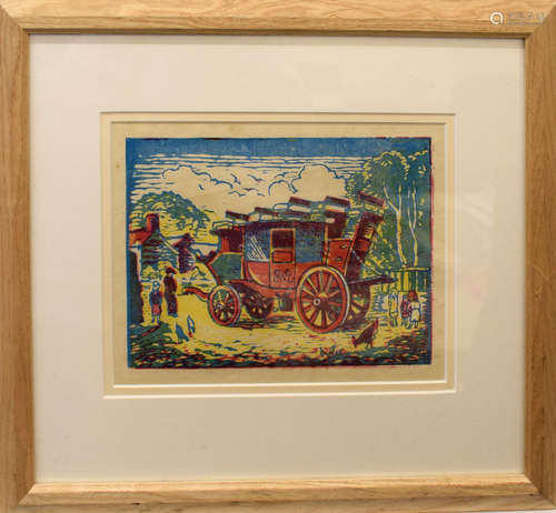 •AR Mabel Allington Royds (1874-1941), GWR Stagecoach, coloured woodcut, 15 x 21cm