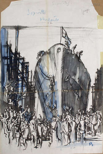 •AR Sir Frank Brangwyn, RA, RWS (1867-1956), Launch of the Sopwith , pen, ink and watercolour