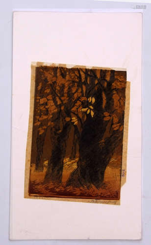 Modern School (20th century), Trees, coloured woodblock, indistinctly signed and dated in pencil