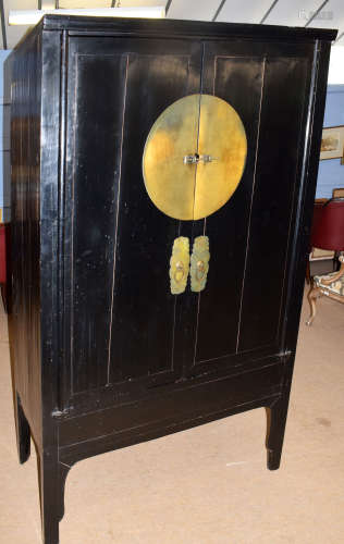 Modern Chinese style black lacquered bedroom suite comprising wardrobe and two cupboards, each
