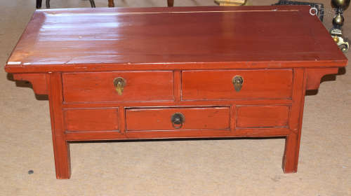 Modern Chinese style hardwood table with three drawers, painted in red, 122cm wide