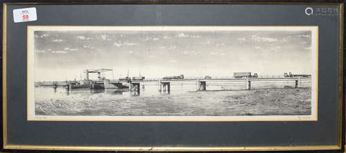 •AR N Ward (20th century), Bridge scene and estuary with cranes, pair of black and white etchings,